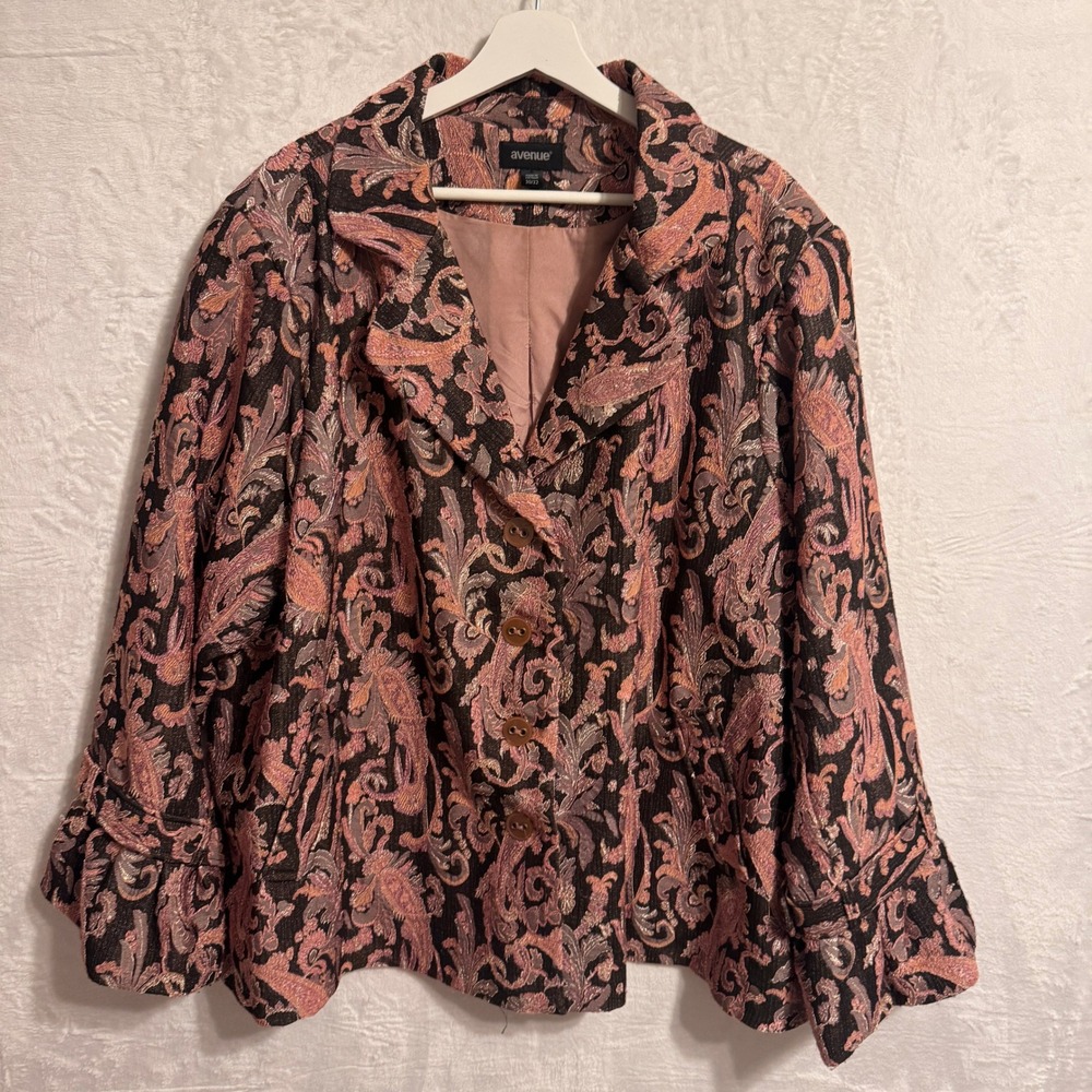 Avenue Womens Plus Size 30/32 Pink Paisley Jacquard Tapestry Blazer Metallic